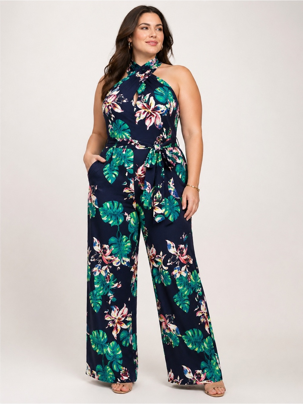 Tahari Arthur S. Levine 16W Floral Jumpsuit Wide Leg Sleeveless Navy Pink
